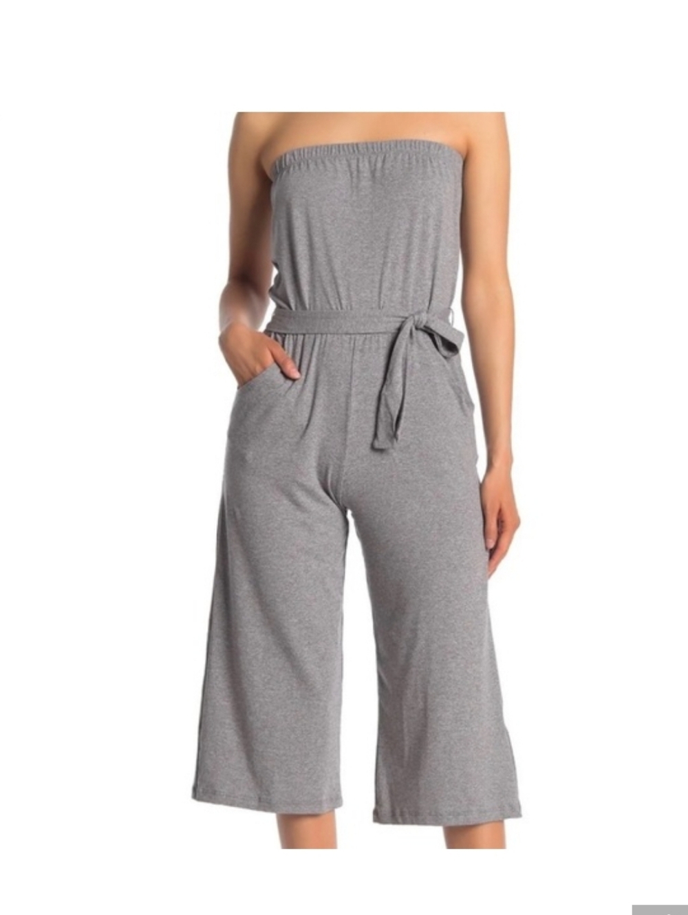 Grey Strapless Waist Tie Jumpsuit